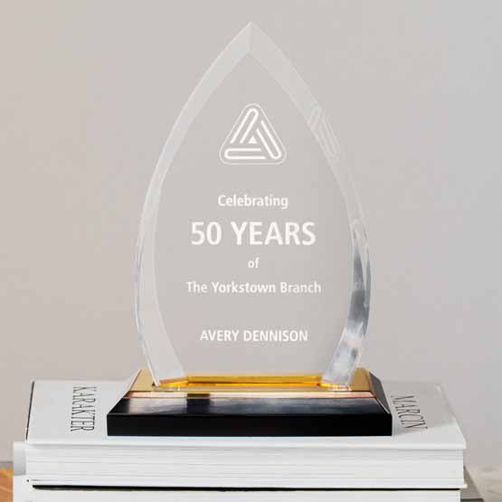 Custom acrylic crest award with yellow mirror base on small stack of books.