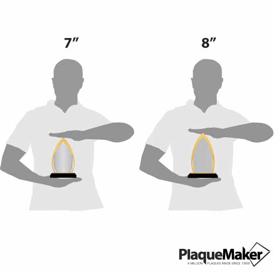 Size guide of two men holding crest acrylic award with yellow mirror base in 7 inch and 8 inch sizes.