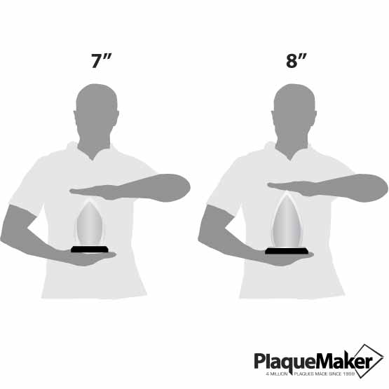 Size guide of two men holding crest acrylic award with silver mirror base in 7 inch and 8 inch sizes.