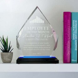 Custom acrylic award lue diamond with reflective blue mirror base, engraved with your text and art or logo.