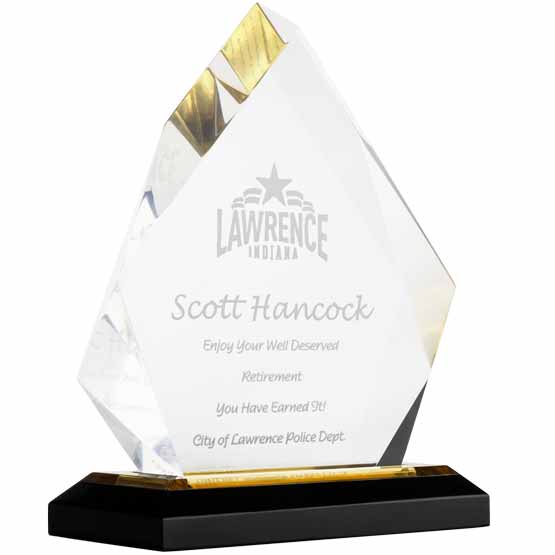 Custom Acrylic Award - Gold Diamond with Reflective Gold Mirror Base. Engraved with your text and art or logo.