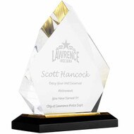 Custom acrylic award lue diamond with reflective gold mirror base, engraved with your text and art or logo.