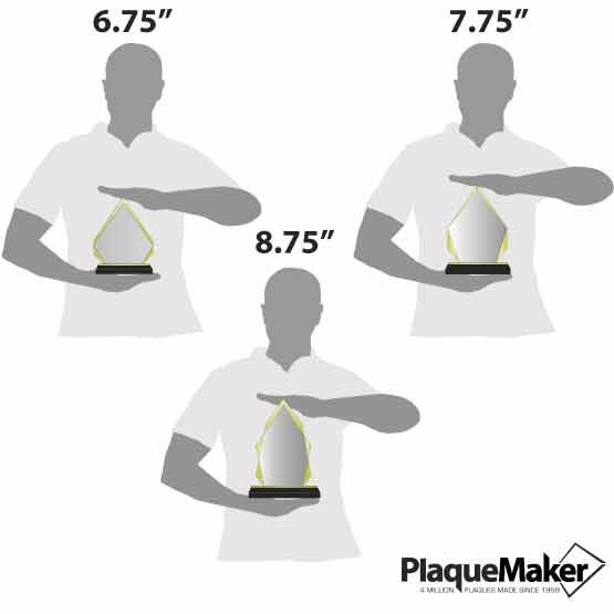 Size guide of three men holding a diamond acrylic award with yellow mirror base in 6.75, 7.75, and 8.75 inch sizes.