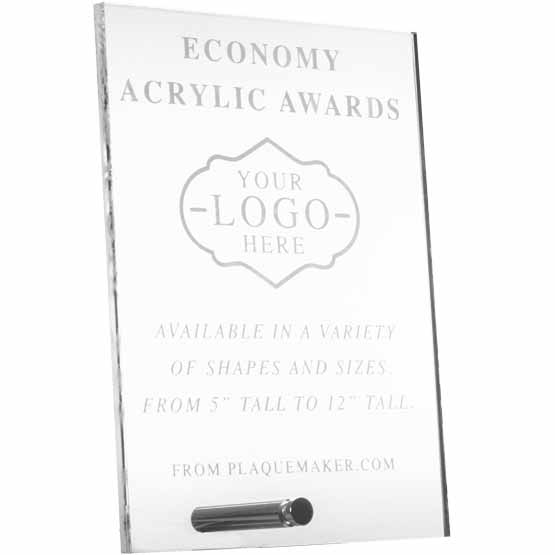 Custom Shaped Acrylic Awards - Economy Awards with Pin. Engraved with your text and art or logo.