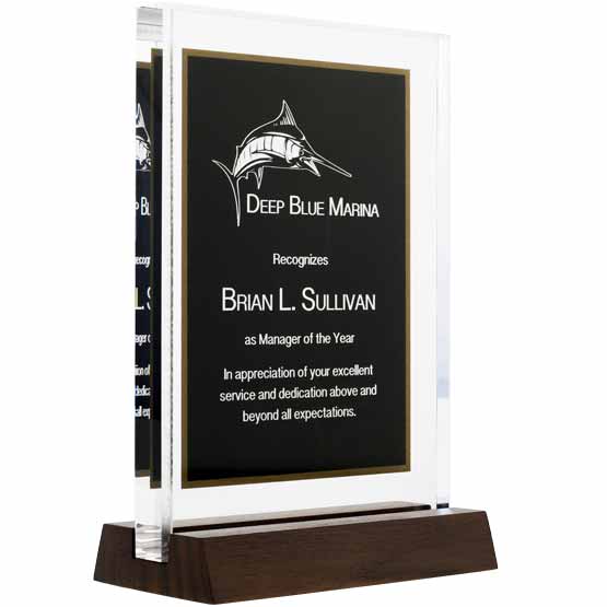 Custom Acrylic Award - Standing Black and Gold with Wooden Stand. Engraved with your text and art or logo.