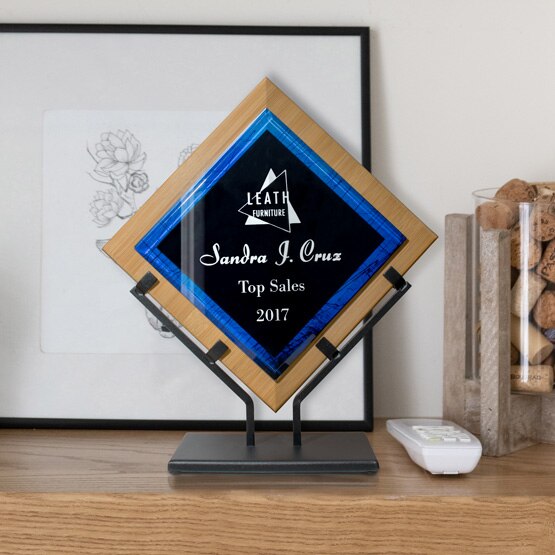 Blue Acrylic Bamboo Award on Shelf