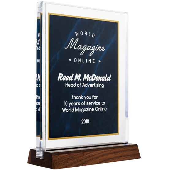 Custom Acrylic Award - Standing Blue Marble and Gold with Wooden Stand. Engraved with your text and art or logo.