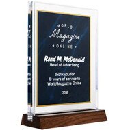 Custom Acrylic Award - Standing Blue Marble and Gold with Wooden Stand. Engraved with your text and art or logo.