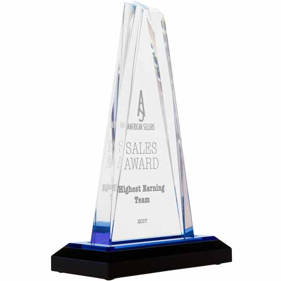 Custom Acrylic Award - Blue Star Shaped Tower with Blue Mirror Base. Engraved with your text and art or logo.