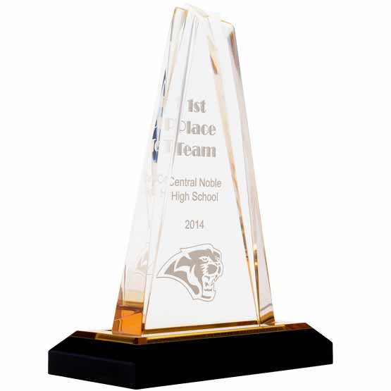 Custom Acrylic Award - Gold Star Shaped Tower with Gold Mirror Base. Engraved with your text and art or logo.