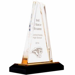 Custom Acrylic Award - Gold Star Shaped Tower with Gold Mirror Base. Engraved with your text and art or logo.