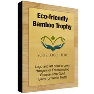 Customized Bamboo Trophy w/ an Aluminum plate with full color printing. Freestanding and includes a sawtooth hanger.