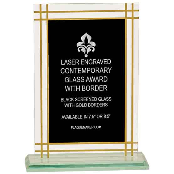 Custom Glass Award - Black with Full Gold Border on Jade Glass Base. Engraved with your text and art or logo.