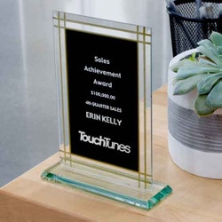 Custom Glass Award - Black with Full Gold Border on Jade Glass Base. Engraved with your text and art or logo.