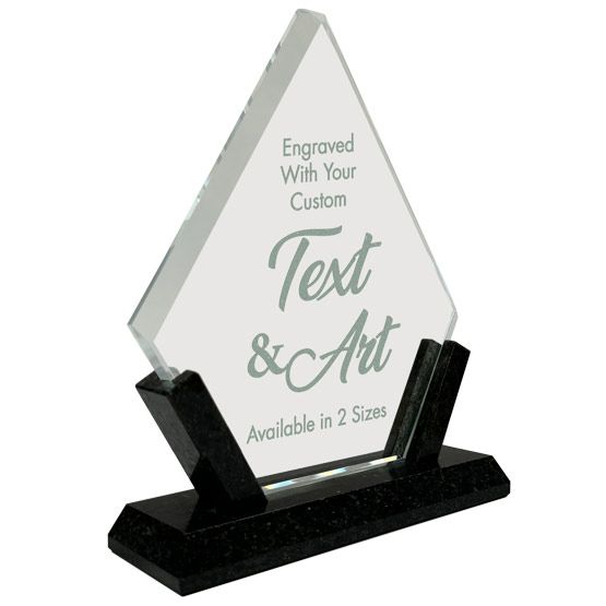 Custom Glass Award - Diamond Glass Award with a Marble Stone base. Personalize this award with your own Text and Artwork