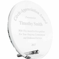 Custom Economy Glass Award - Circle Shaped with Silver Pin. Engraved with your text and art or logo.