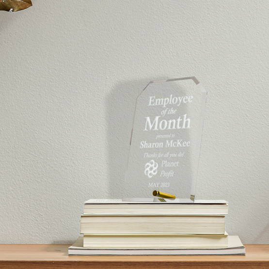Custom Engraved Clipped Corners Glass Economy Award with your Text and Logo on Stack of Books.