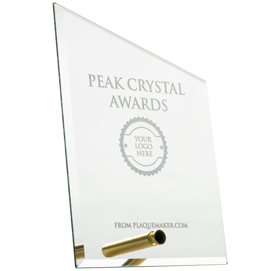 Custom Economy Glass Award - Peak Shaped with Gold Pin. Laser Engraved with your text and art or logo.