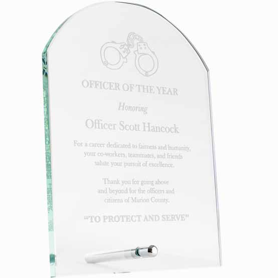 Custom Economy Glass Award - Tombstone Shaped with Silver Pin. Engraved with your text and art or logo.