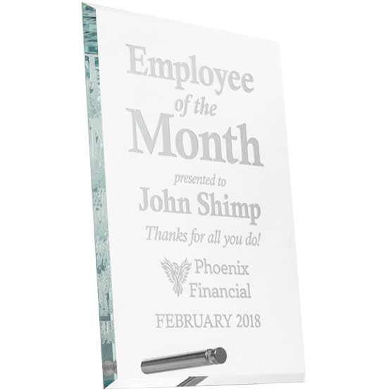 Employee of the Month Custom Rectangle Glass Economy Award with Silver Pin. Engraved with your text and art or logo.
