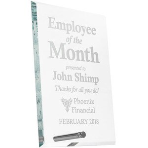 Employee of the Month Custom Rectangle Glass Economy Award with Silver Pin. Engraved with your text and art or logo.