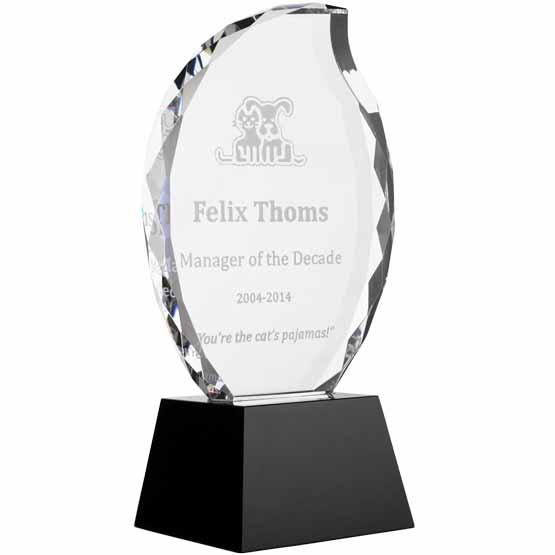 Custom Glass Award - Faceted Flame Glass Trophy on Black Pedestal Base. Engraved with your text and art or logo.