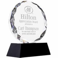 Custom Glass Award - Faceted Circle Trophy on Black Pedestal Base. Engraved with your text and art or logo.