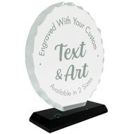 Custom Circle Glass Award - Faceted Circle Award on a black base, laser engraved with your own text and artwork or logo.