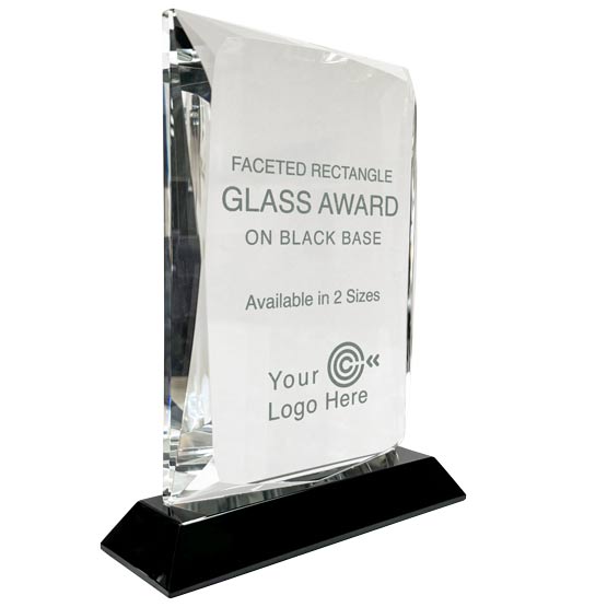 Custom Clear Crystal Award - Crystal Rectangle Award on a black base. Personalize this award with your own Text and Logo