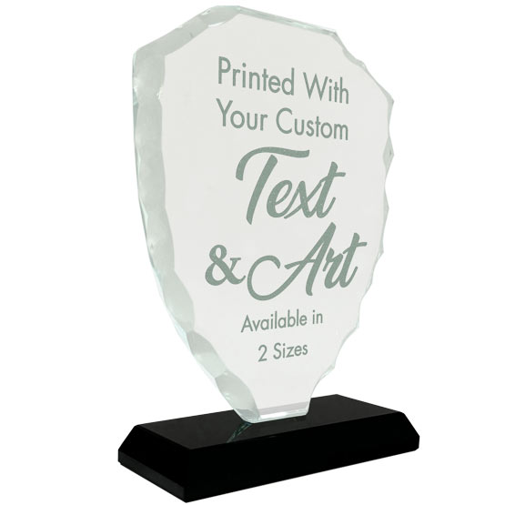 Custom Glass Shield Award - Glass Shield Award on a black base. Laser engraved this award with your own Text and Logo