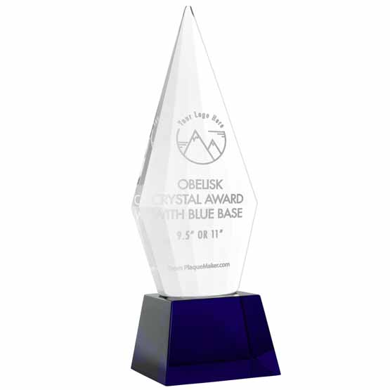 Custom Glass Award - Faceted Obelisk with Blue Pedestal Base. Engraved with your text and art or logo.