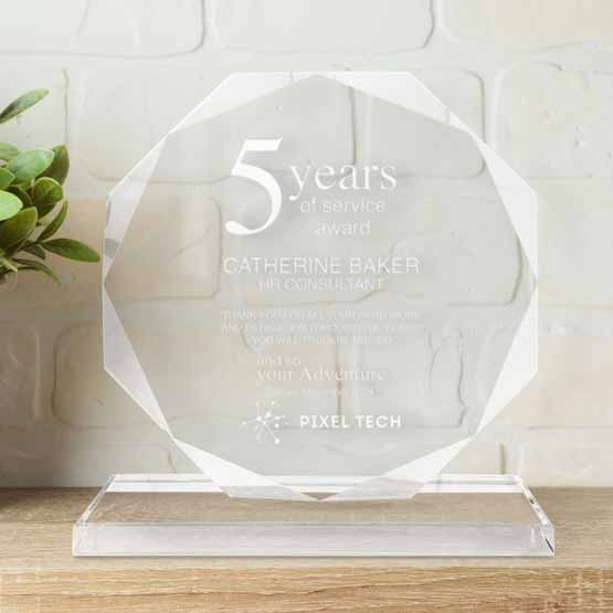 Custom Frosted Engraved Octagon Glass Award On Desk Near Plant