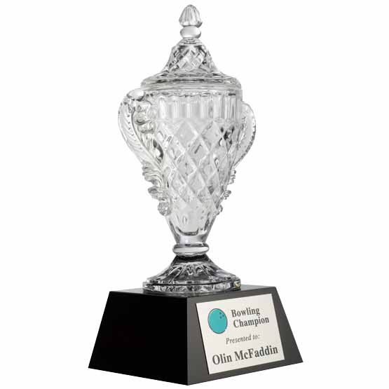 Ornate Crystal Glass Cup Trophy on Black Pedestal Base. Printed with your text and art or logo.