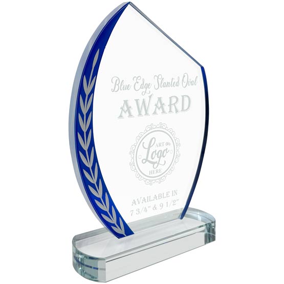Custom Slanted Oval Glass Award With Blue Edge And Wheat Patterns Showing Customization Areas Standing On Clear Glass Base