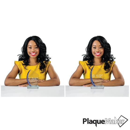 Smiling Woman Behind Custom Slanted Oval Glass Award Sizes For 7.75 Inch And 9.5 Inch Options With Blue Edges And Bases
