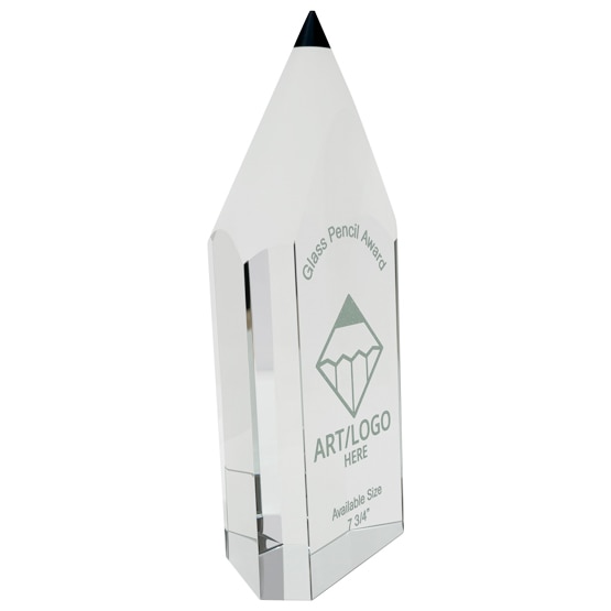 Isometric View Of Custom Pencil Shaped Glass Award Showing Personalization Area And Available Size Measurement