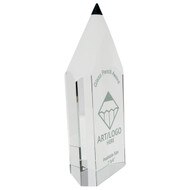Isometric View Of Custom Pencil Shaped Glass Award Showing Personalization Area And Available Size Measurement