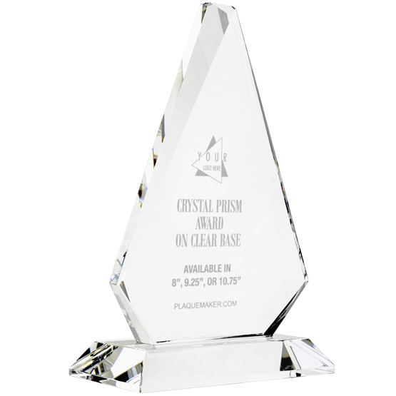 Custom Glass Award - Faceted Crystal Diamond Prism Award on Glass Base. Engraved with your text and art or logo.