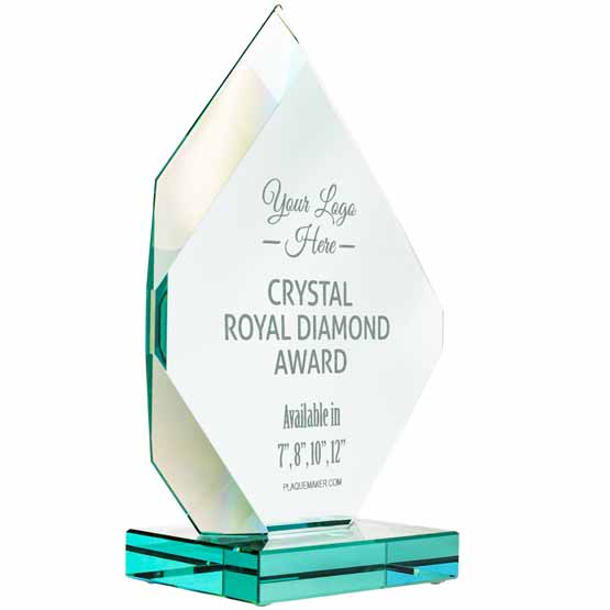 Custom Glass Award - Jade Glass Royal Diamond Award on Jade Glass Base. Engraved with your text and art or logo.