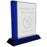 Custom Blue Straight Edge Glass Award - This freestanding award can be personalized with your Text and Logo or Artwork.