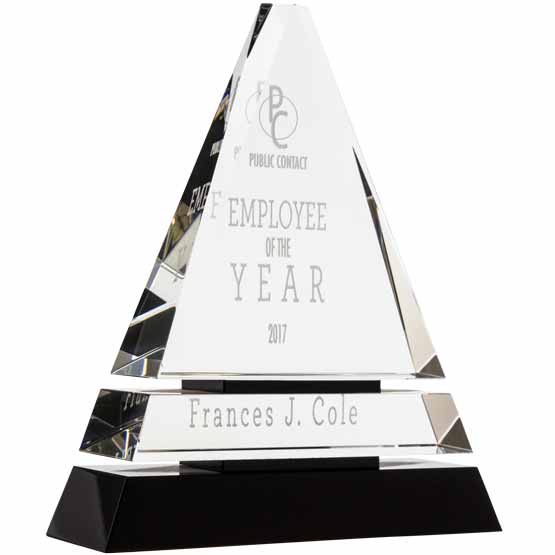 Custom Glass Award - Crystal Triangle on Black Crystal Pedestal Base. Engraved with your text and art or logo.