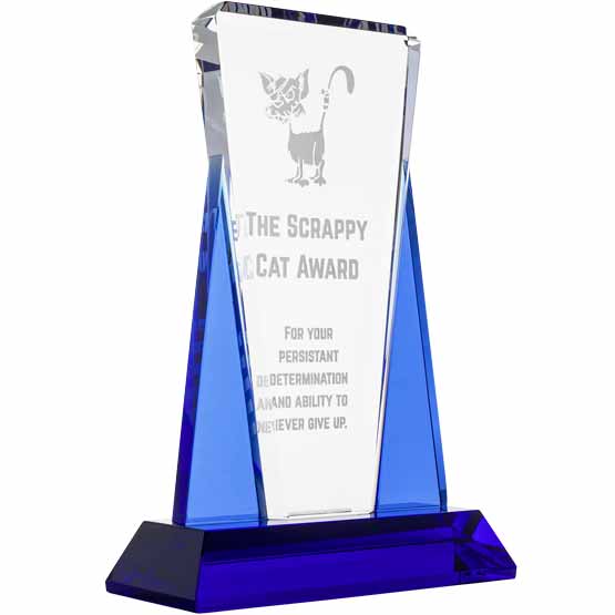 Custom Glass Award - Clear Crystal Wedge on Blue Pedestal Base. Engraved with your text and art or logo.