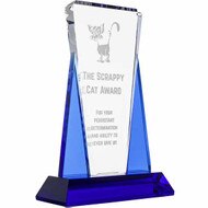 Custom Glass Award - Clear Crystal Wedge on Blue Pedestal Base. Engraved with your text and art or logo.
