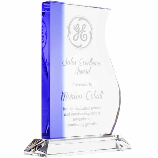 Custom Glass Award - Clear Crystal Wave with Blue Edge. Engraved with your text and art or logo.