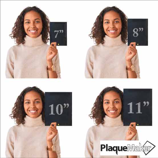 Woman Holding All Available Sizes Of Economy Granite Awards To Show Size