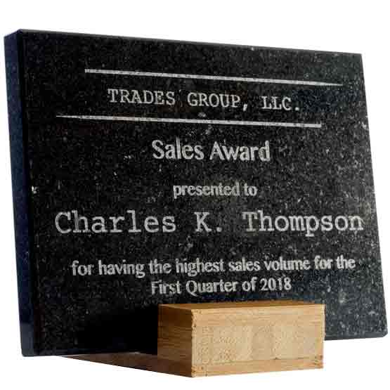 Engraved Granite Award with Custom Cut Bamboo Base for Display. Engraved with your text and art or logo.