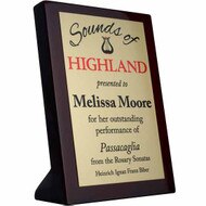 Custom Aluminum Printed Award on Rosewood Piano Finish Standing Plaque. Printed with your text and art or logo.