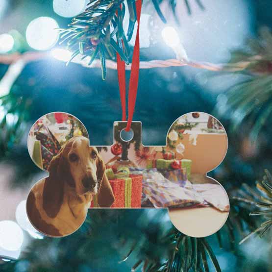 Custom dog bone ornament on tree