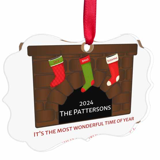 Custom Acrylic Christmas Ornament With Image Of Fireplace Stockings And Family Names And Wonderful Year Text And Red Ribbon