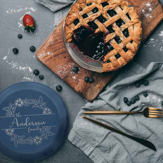 Pie Pan with Navy Blue Lid on Table